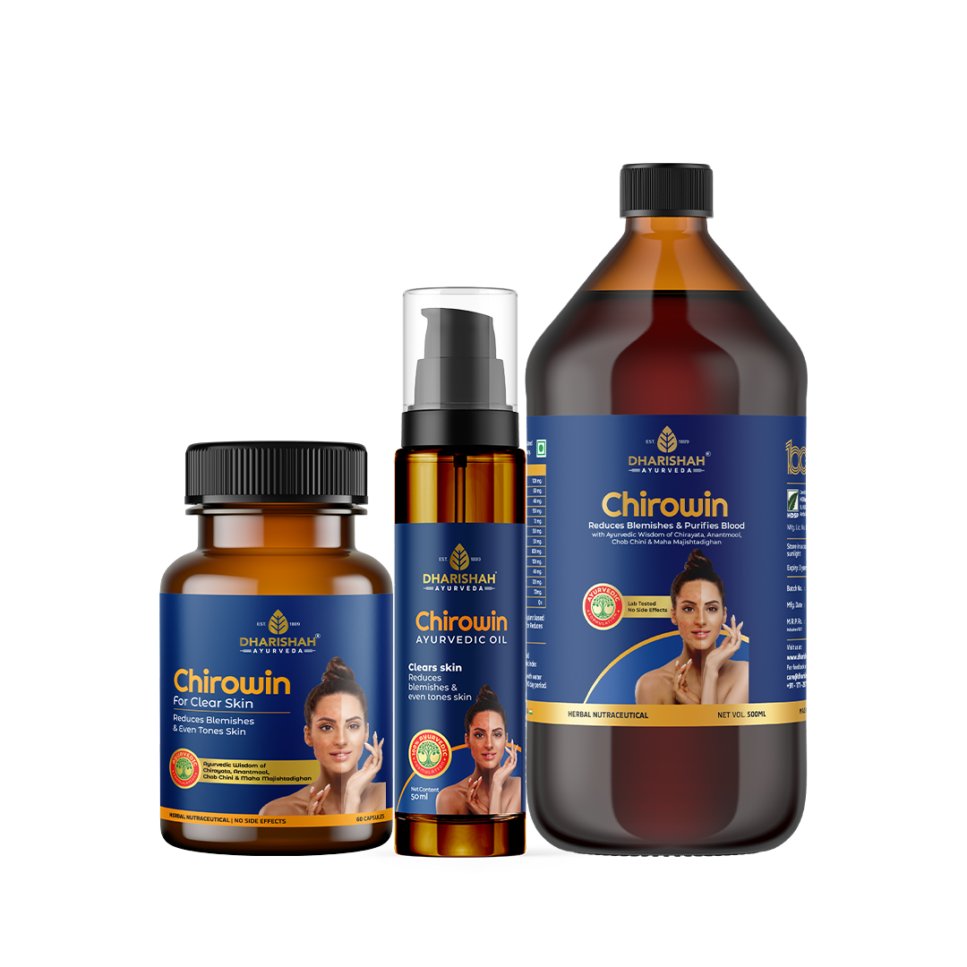 Chirowin Ayurvedic supplements and oil for reducing blemishes and purifying blood – natural skincare by Dharishah Ayurveda.