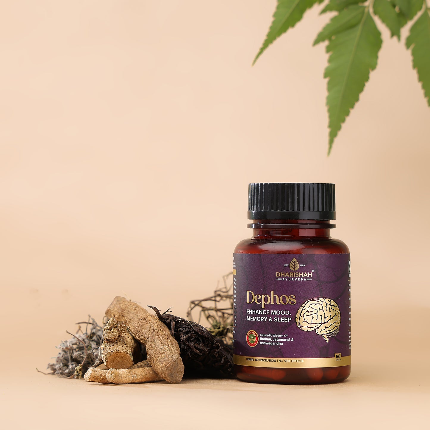 Dharishah Ayurveda Dephos supplement bottle for enhancing mood, memory, and sleep, placed with natural Ayurvedic herbs like Brahmi, Jatamansi, and Ashwagandha.