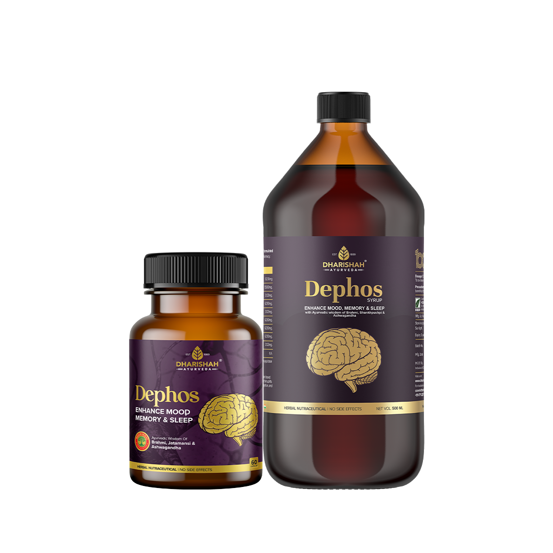 Dephos herbal supplement bottles by Dharisham Ayurveda for enhancing mood, memory, and sleep – natural nootropic capsules and liquid tonic.