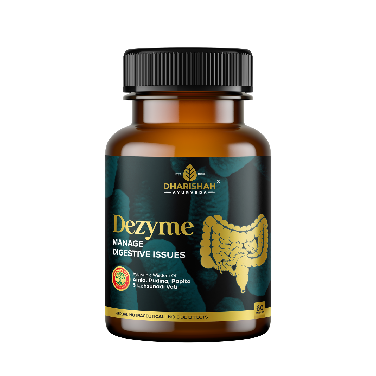 Dharishah Ayurveda Dezyme supplement for digestive health.
