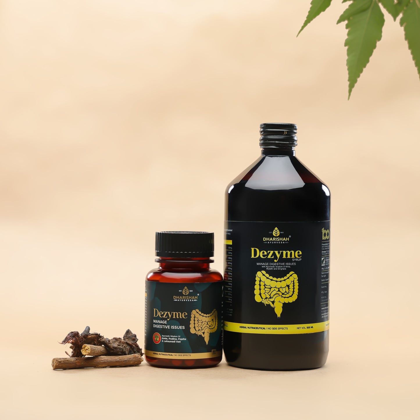 Dezyme Ayurvedic digestive health supplement by Dharishah Ayurveda – natural herbal capsules and syrup with ingredients for indigestion, acidity, and gut care.