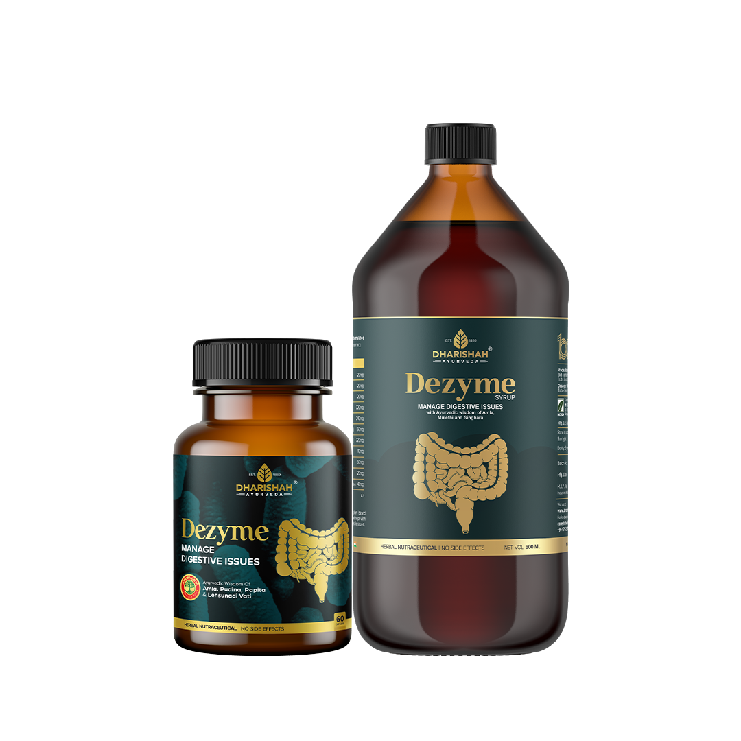 Dezyme Ayurvedic digestive supplement capsules and syrup by Dharishah Ayurveda – natural herbal formula to manage indigestion, gas, and bloating.