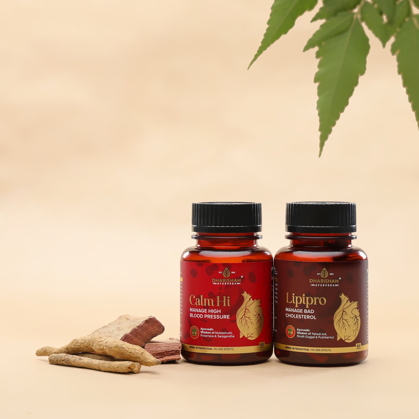 Ayurvedic Lipipro capsules for cholesterol and Calm Hi capsules for blood pressure by Dharishah Ayurveda.
