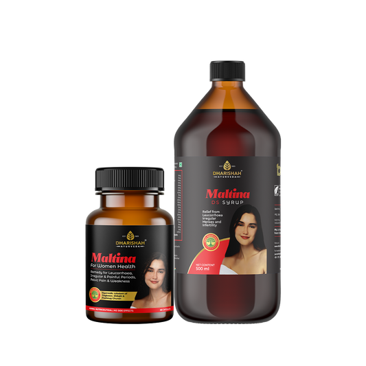 Dharishah Ayurveda Maltina syrup and capsules – Ayurvedic supplements for women’s health and hormonal balance.
