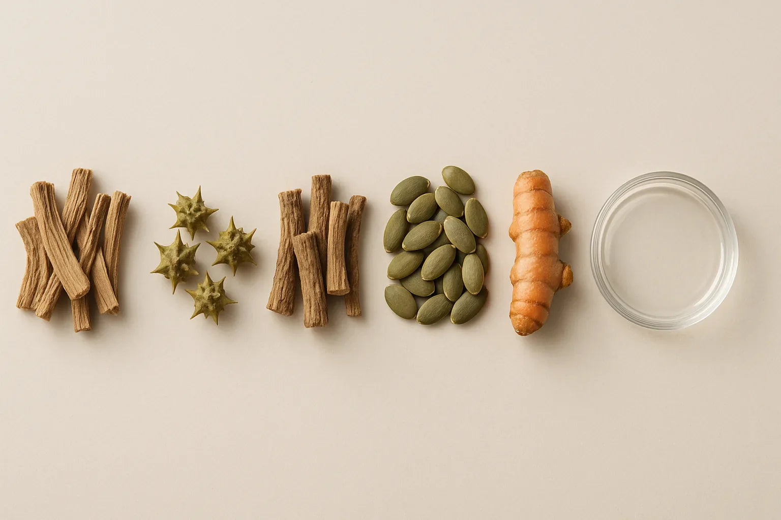 Top-down flat-lay of classical Ayurvedic herbs traditionally used for Mutraghata (BPH) — Varuna (Crataeva nurvala) bark, Punarnava root, Gokshura seed pods, pumpkin seeds, and milled herbal powder in a glass apothecary dish on a clean off-white surface