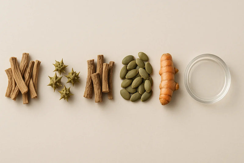 Top-down flat-lay of classical Ayurvedic herbs traditionally used for Mutraghata (BPH) — Varuna (Crataeva nurvala) bark, Punarnava root, Gokshura seed pods, pumpkin seeds, and milled herbal powder in a glass apothecary dish on a clean off-white surface