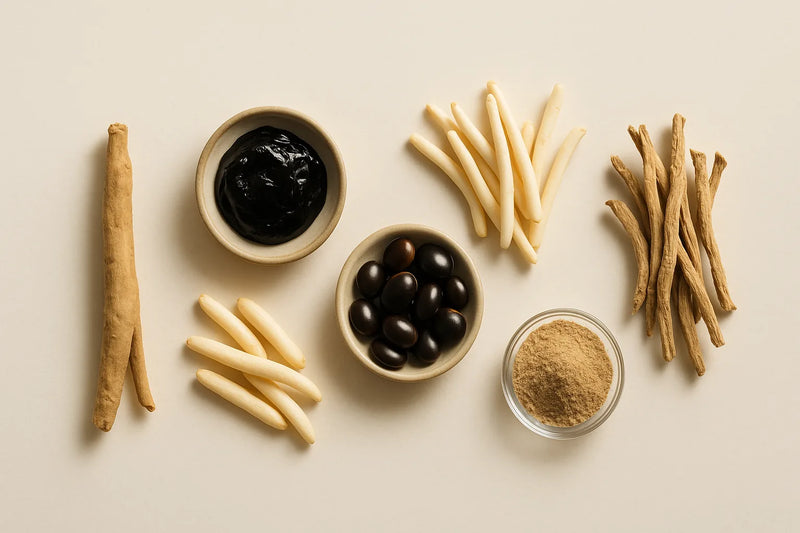 Calm pre-dawn still life on a clean off-white surface — a brass Ayurvedic vessel of warm milk, soaked almonds, a sprig of Shatavari, and dried Ashwagandha root, evoking the dinacharya routine traditionally recommended for Swapnadosh