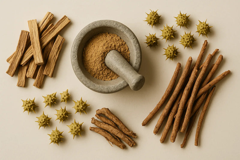 Top-down flat-lay of classical Ayurvedic herbs traditionally used for Mutraghata (BPH) — Varuna bark strips, Punarnava root, Gokshura seed pods, and milled herbal powder in a glass apothecary dish on a clean off-white surface