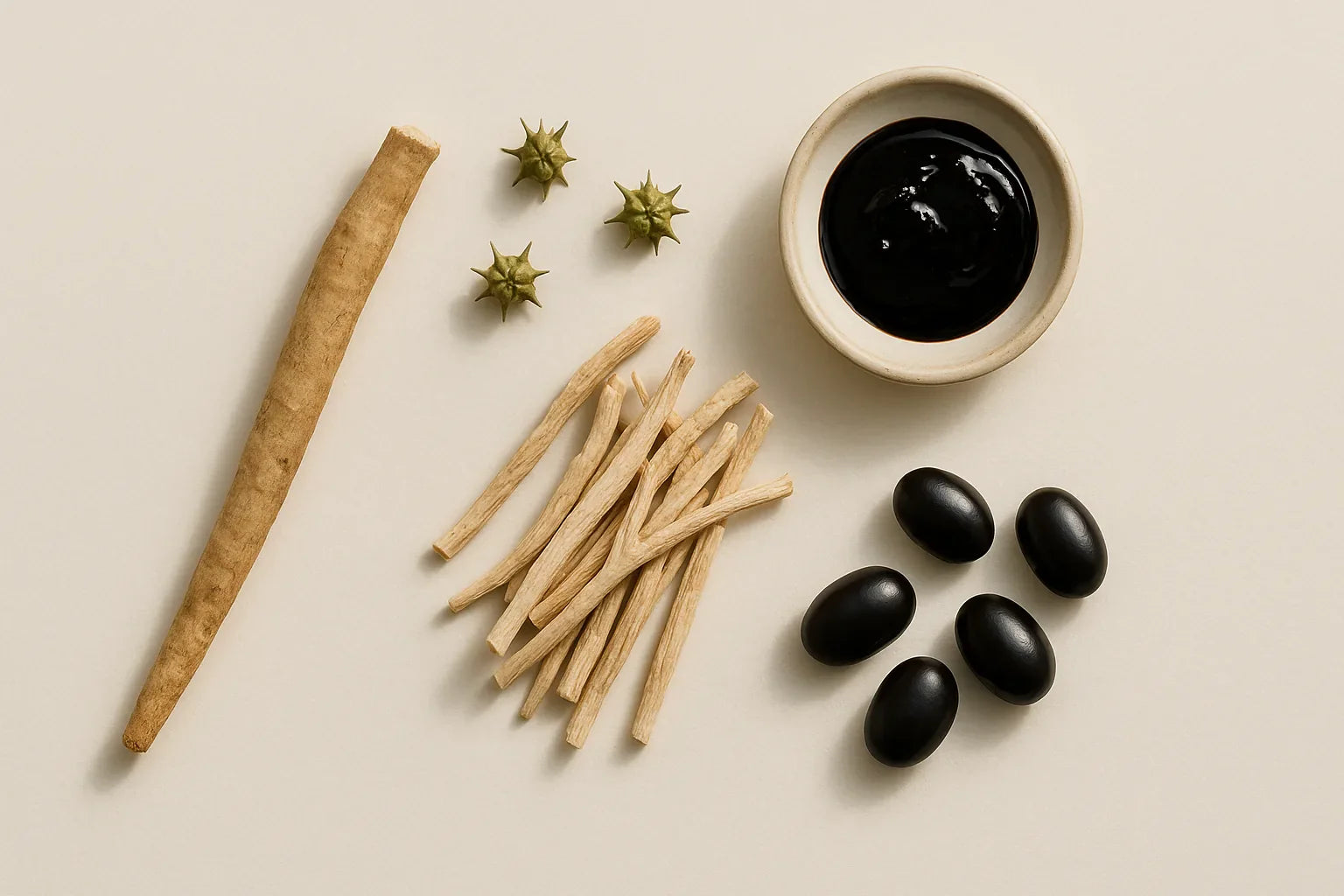 Neutral top-down flat-lay of Ayurvedic men's-wellness herbs — Ashwagandha root, Gokshura (Tribulus) seed pods, dried Shatavari root, glossy Kounch beej seeds, and a dish of dark Shilajit resin on a clean off-white surface, with no brand signage