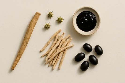Neutral top-down flat-lay of Ayurvedic men's-wellness herbs — Ashwagandha root, Gokshura (Tribulus) seed pods, dried Shatavari root, glossy Kounch beej seeds, and a dish of dark Shilajit resin on a clean off-white surface, with no brand signage