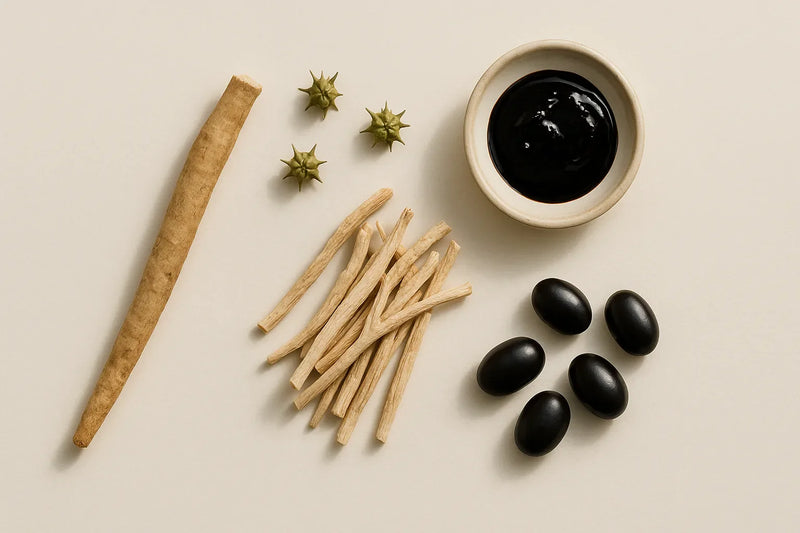 Neutral top-down flat-lay of Ayurvedic men's-wellness herbs — Ashwagandha root, Gokshura (Tribulus) seed pods, dried Shatavari root, glossy Kounch beej seeds, and a dish of dark Shilajit resin on a clean off-white surface, with no brand signage