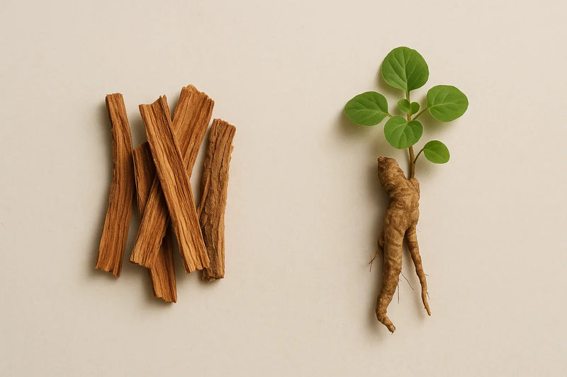 Top-down flat-lay of Varuna bark strips (Crataeva nurvala) and fresh Punarnava root and leaves (Boerhavia diffusa) beside milled herbal powder in a glass apothecary dish on a clean off-white surface