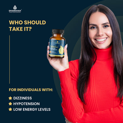 Smiling woman holding Dharishah Ayurveda Calm Lo supplement bottle, recommended for individuals with dizziness, hypotension, and low energy levels.