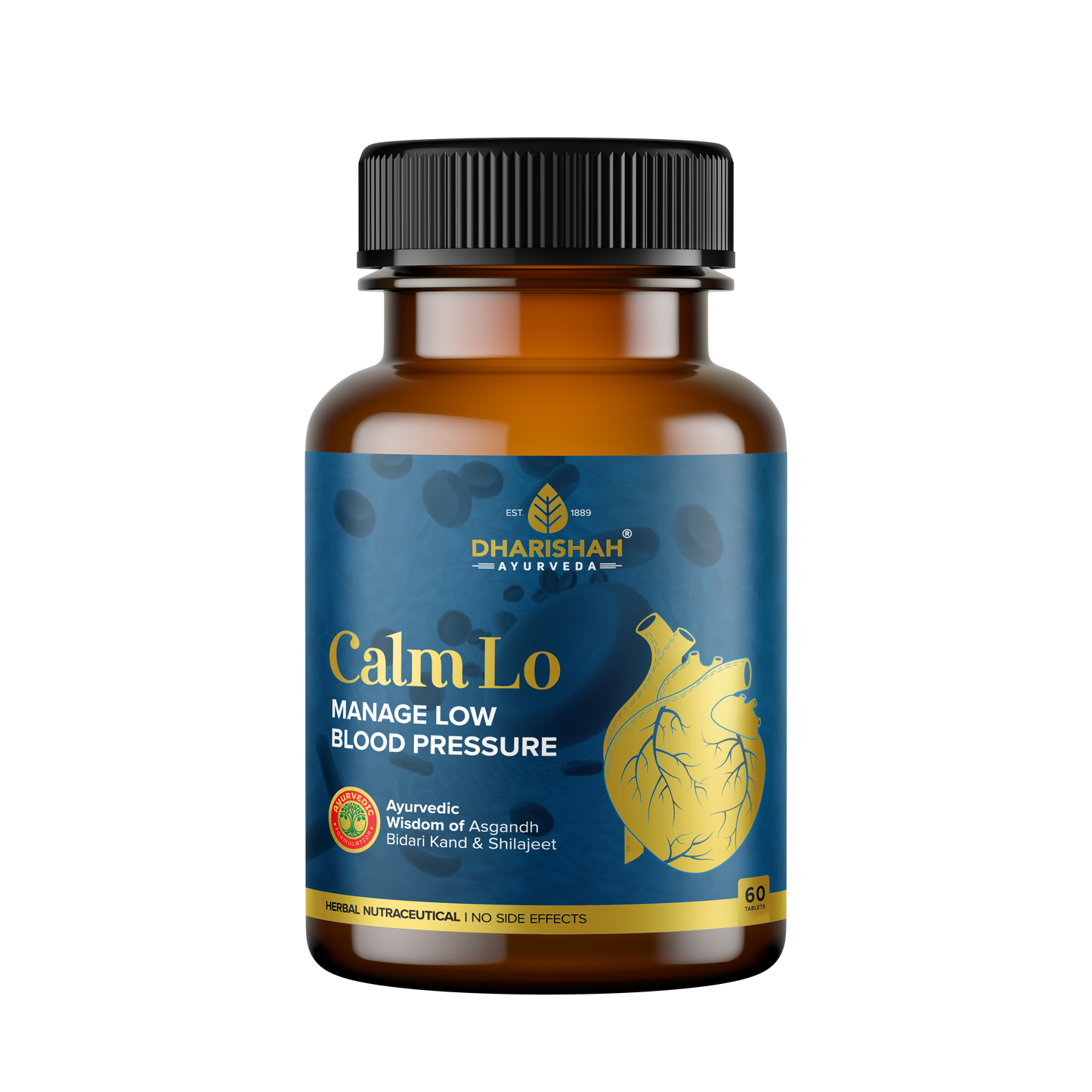 Dharishah Ayurveda Calm Lo supplement bottle for managing low blood pressure, containing Ayurvedic ingredients like Asgandh, Bidari Kand, and Shilajeet.