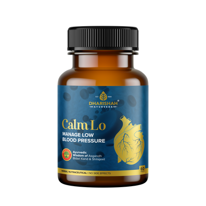 Dharishah Ayurveda Calm Lo supplement bottle for managing low blood pressure, containing Ayurvedic ingredients like Asgandh, Bidari Kand, and Shilajeet.