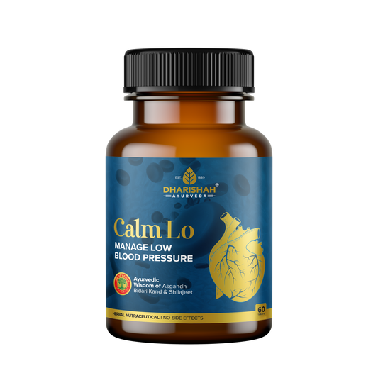 Dharishah Ayurveda Calm Lo supplement bottle for managing low blood pressure, containing Ayurvedic ingredients like Asgandh, Bidari Kand, and Shilajeet.