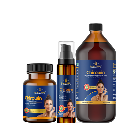 Chirowin Ayurvedic supplements and oil for reducing blemishes and purifying blood – natural skincare by Dharishah Ayurveda.
