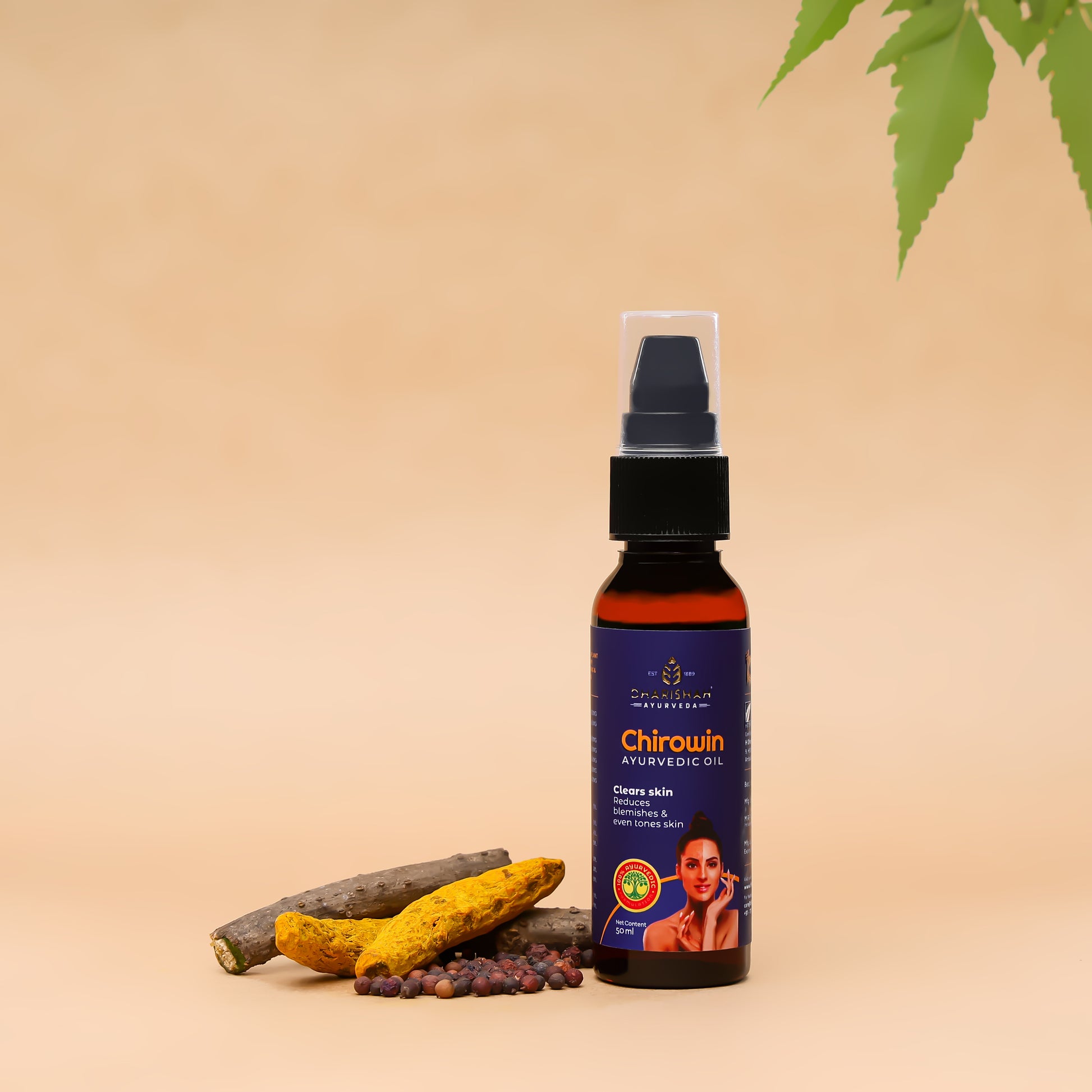Chirowin Ayurvedic Oil by Dharishah for clear and even-toned skin.