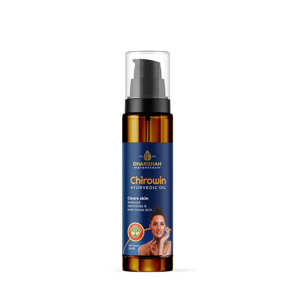 Dharishah Ayurveda Chirowin Oil bottle for clear, blemish-free, and even-toned skin with natural herbal ingredients.