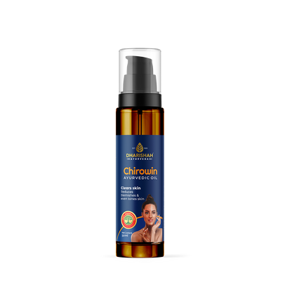 Dharishah Ayurveda Chirowin Oil bottle for clear, blemish-free, and even-toned skin with natural herbal ingredients.