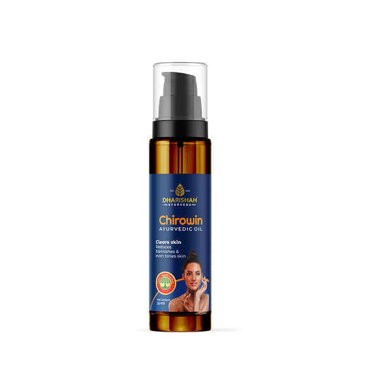 Dharishah Ayurveda Chirowin Oil bottle for clear, blemish-free, and even-toned skin with natural herbal ingredients.