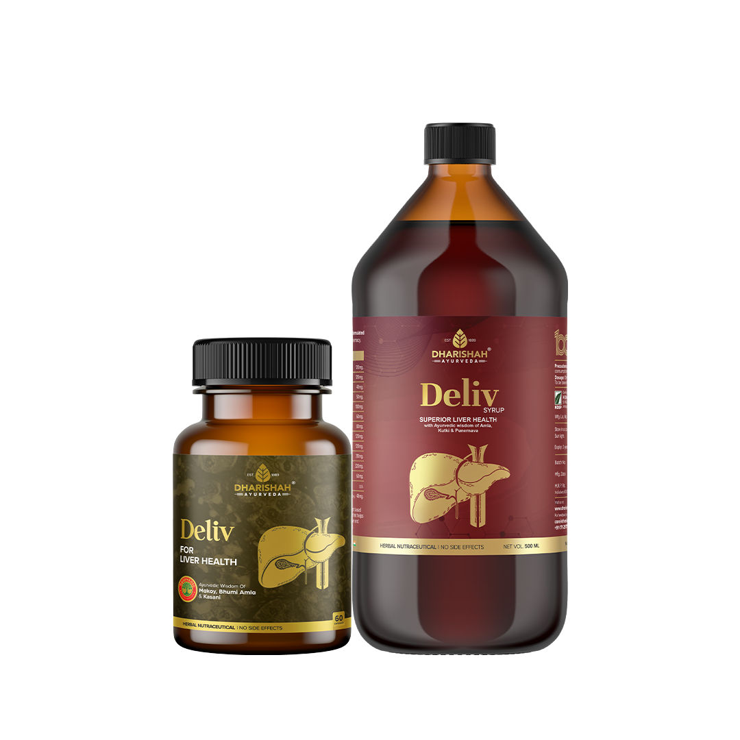 Dharishah Ayurveda Deliv capsules and syrup – herbal supplements for superior liver health and detoxification.