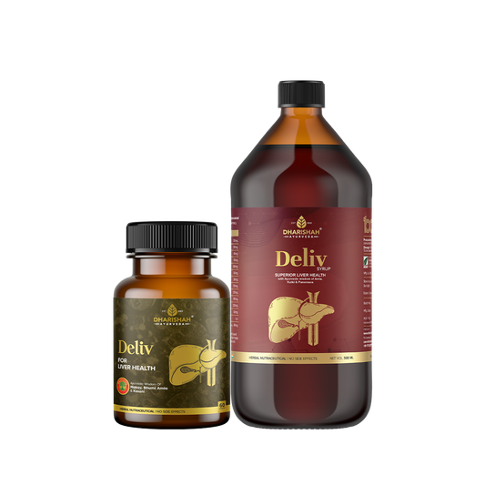 Dharishah Ayurveda Deliv capsules and syrup – herbal supplements for superior liver health and detoxification.