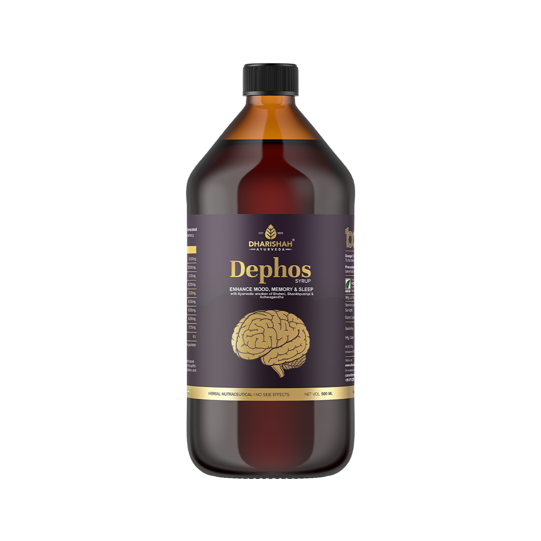Dephos syrup – natural Ayurvedic remedy for brain health, stress relief, and better sleep.