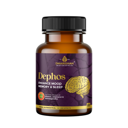 Dharishah Ayurveda Dephos Capsules bottle for enhancing mood, memory, and sleep, made with Brahmi, Jatamansi, and Ashwagandha.