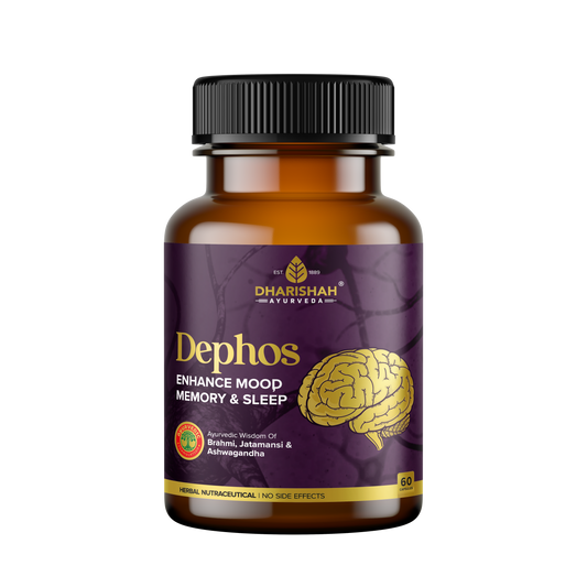 Dharishah Ayurveda Dephos Capsules bottle for enhancing mood, memory, and sleep, made with Brahmi, Jatamansi, and Ashwagandha.