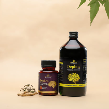 Dephos Ayurvedic supplement capsules and syrup by Dharishah Ayurveda to enhance mood, memory, and sleep – natural herbal nootropic with ashwagandha.