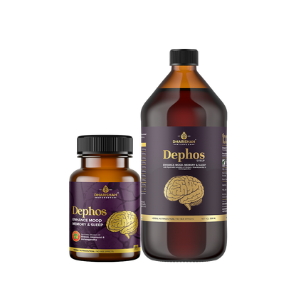 Dephos herbal supplement bottles by Dharisham Ayurveda for enhancing mood, memory, and sleep – natural nootropic capsules and liquid tonic.