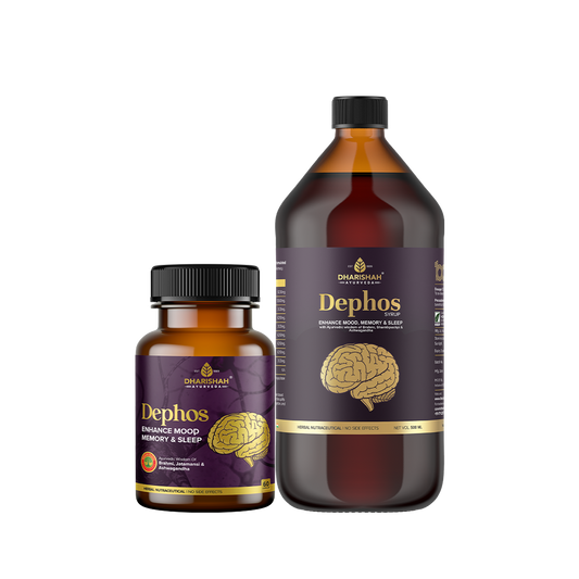 Dephos herbal supplement bottles by Dharisham Ayurveda for enhancing mood, memory, and sleep – natural nootropic capsules and liquid tonic.
