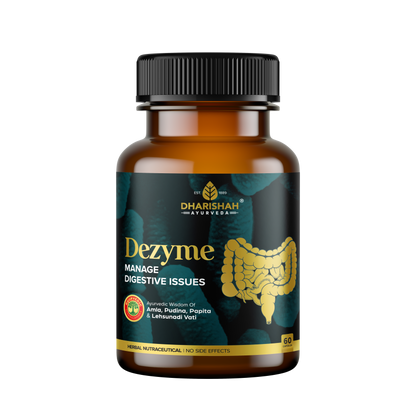 Dharishah Ayurveda Dezyme supplement for digestive health.