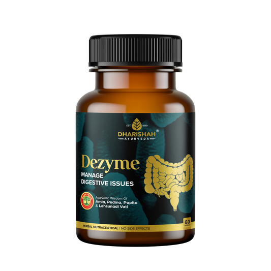 Dharishah Ayurveda Dezyme supplement for digestive health.