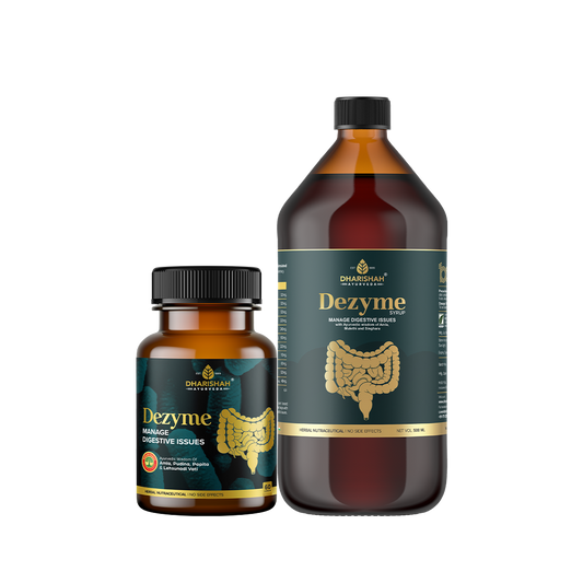 Dezyme Ayurvedic digestive supplement capsules and syrup by Dharishah Ayurveda – natural herbal formula to manage indigestion, gas, and bloating.