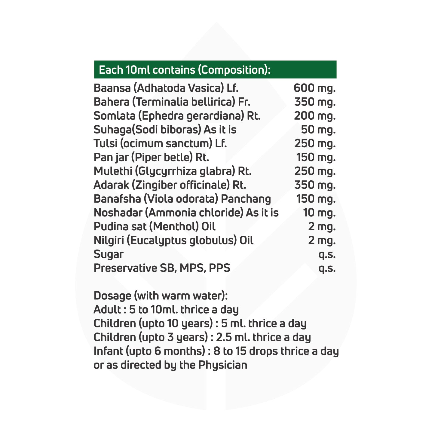Ayurvedic syrup composition and dosage chart, detailing ingredients per 10ml such as Baansa, Bahera, Somlata, Tulsi, Mulethi, and others, along with dosage instructions for adults, children, and infants.