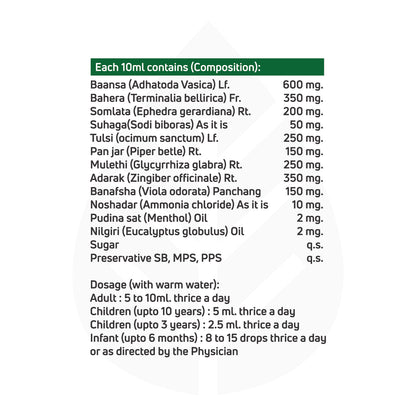 Ayurvedic syrup composition and dosage chart, detailing ingredients per 10ml such as Baansa, Bahera, Somlata, Tulsi, Mulethi, and others, along with dosage instructions for adults, children, and infants.