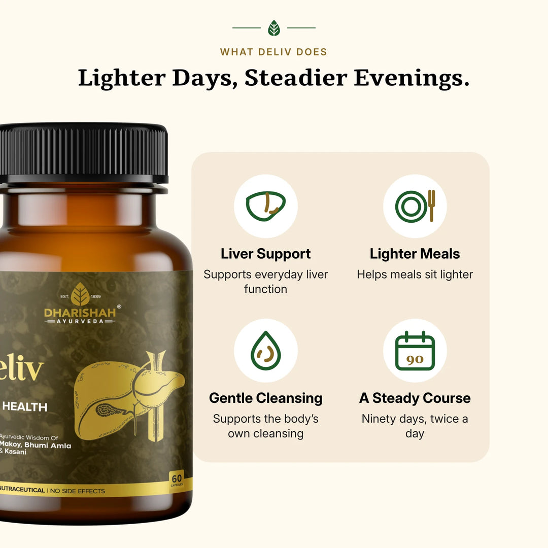 Four benefits of Deliv Capsules: liver support, lighter meals, gentle cleansing, a steady ninety-day course