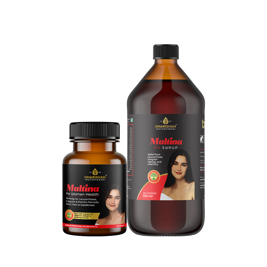 Dharishah Ayurveda Maltina syrup and capsules – Ayurvedic supplements for women’s health and hormonal balance.