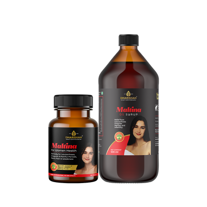Dharishah Ayurveda Maltina syrup and capsules – Ayurvedic supplements for women’s health and hormonal balance.