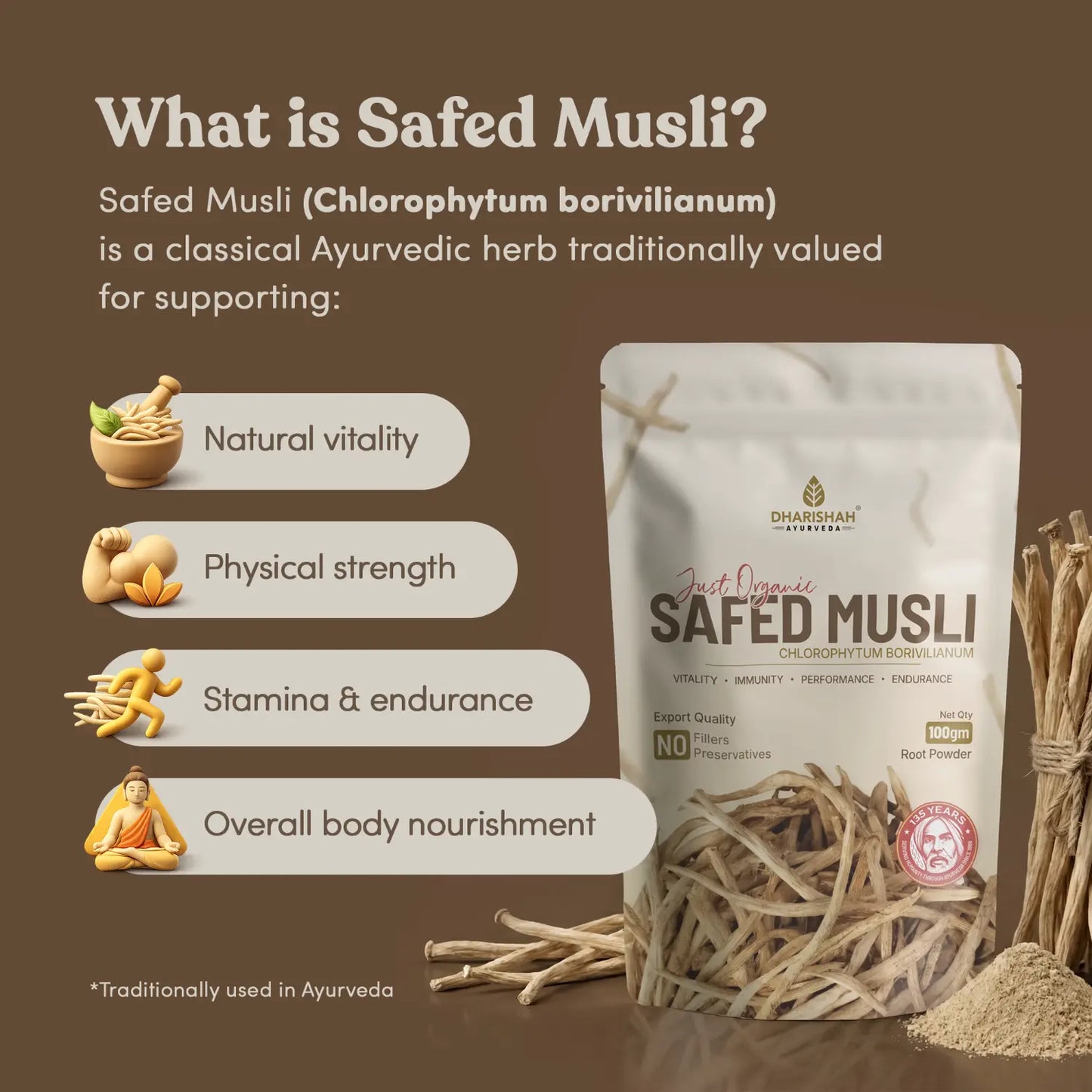 Safed Musli root powder texture — fine stone-ground