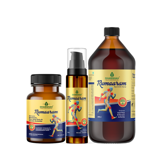 Dharishah Ayurveda Rumaaram capsules, oil, and syrup – Ayurvedic solution for joint pain and arthritis relief.