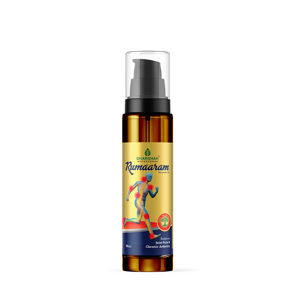 Rumaaram oil by Dharishah Ayurveda for joint pain relief.