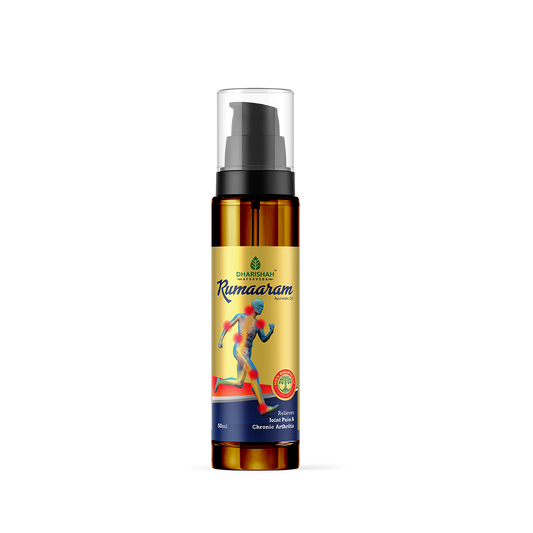 Rumaaram oil by Dharishah Ayurveda for joint pain relief.