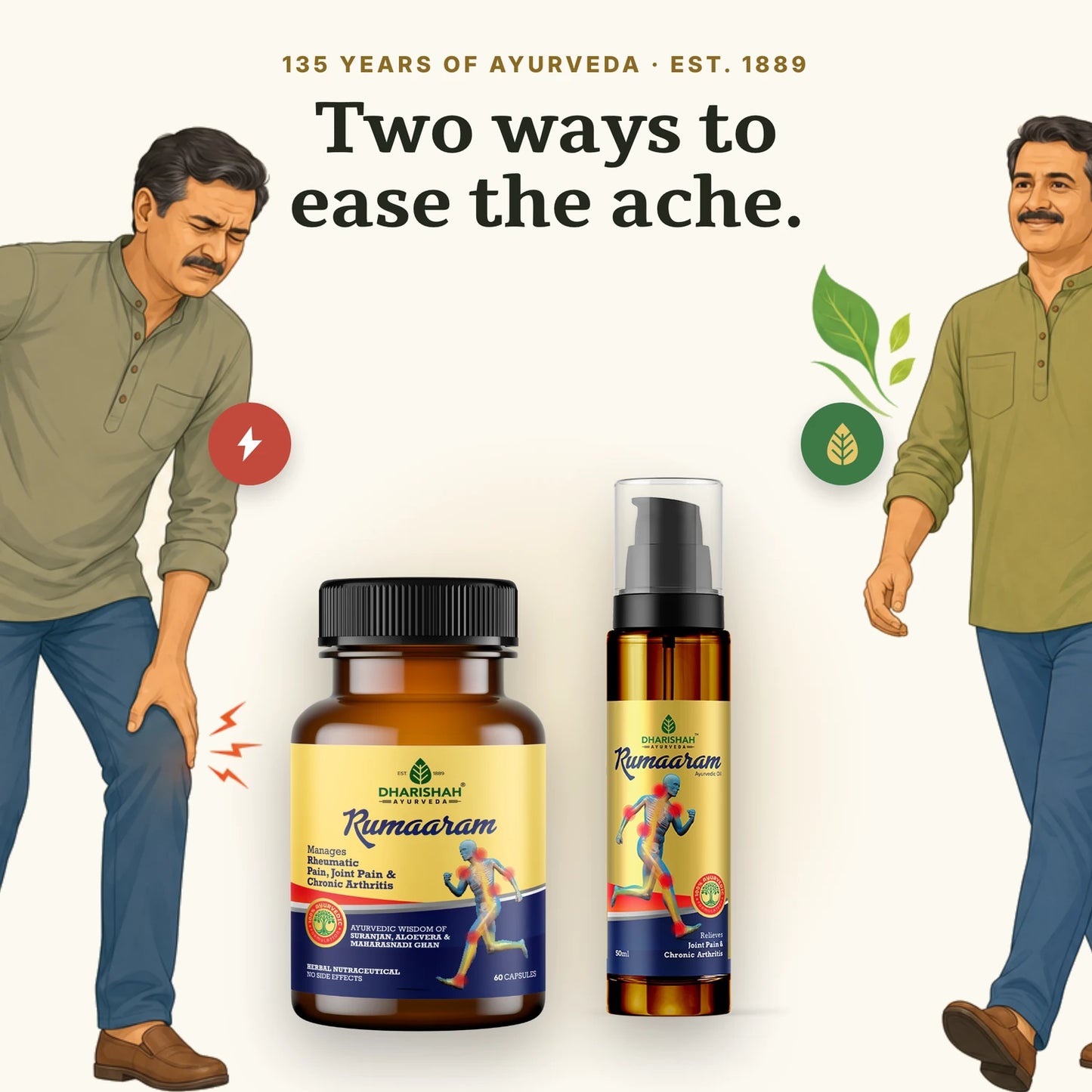 Rumaaram Ayurvedic oil and capsules for joint and muscle pain — 135 years of Ayurveda