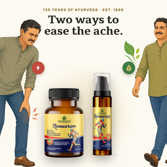 Rumaaram Ayurvedic oil and capsules for joint and muscle pain — 135 years of Ayurveda