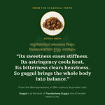 Guggul resin, with a verse from a classical Ayurvedic text