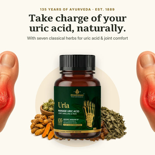 Uria Capsules bottle with the herbs inside it, for high uric acid