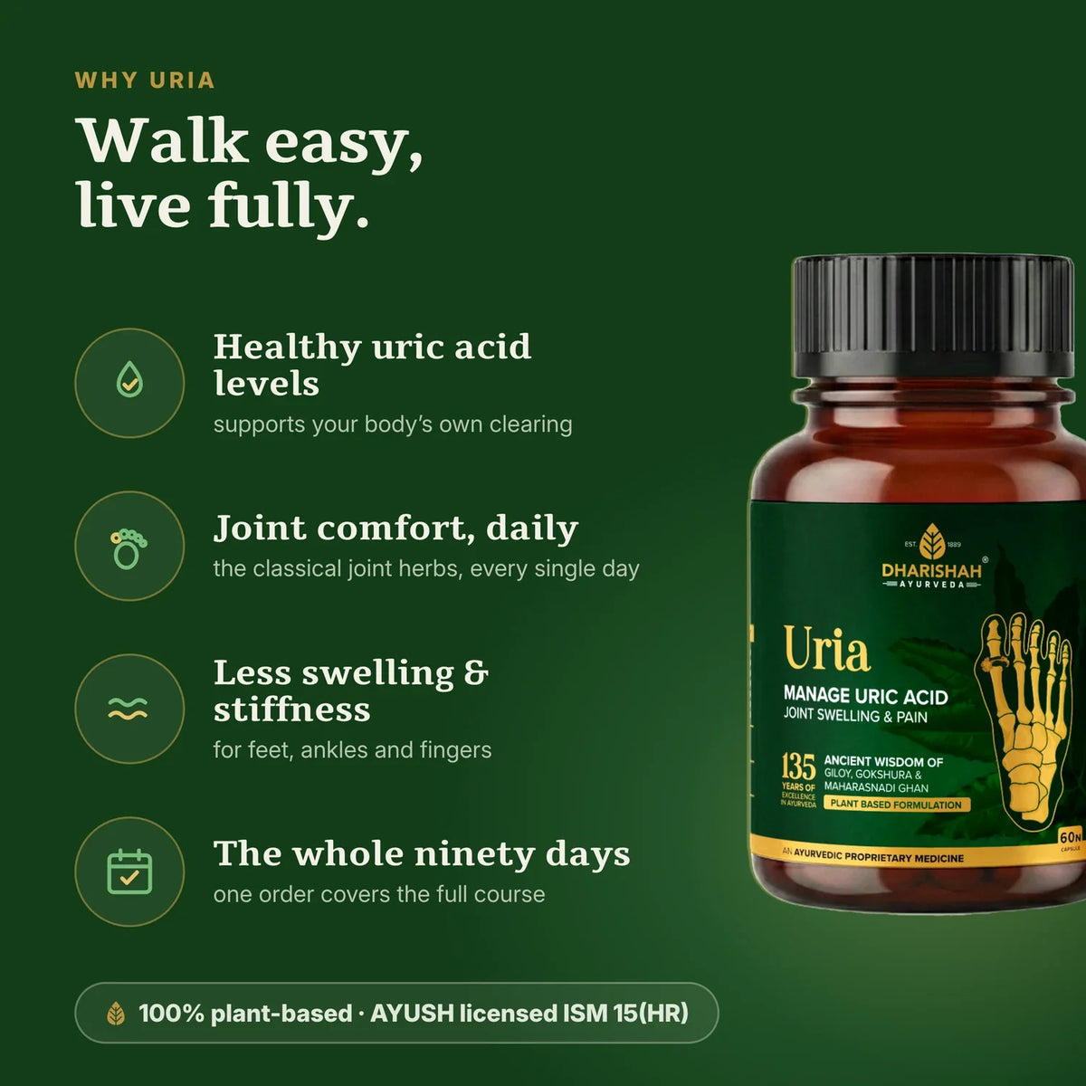 Uria benefits: healthy uric acid levels, joint comfort, less swelling, a 90-day course